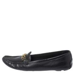 Pre Owned Carolina Herrera Black Leather Logo Detail Slip On Loafers Size 37