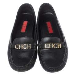 Pre Owned Carolina Herrera Black Leather Logo Detail Slip On Loafers Size 37