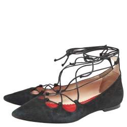 Pre Owned CH Carolina Herrera Black Suede Lace Up Ballet Flats Size 37