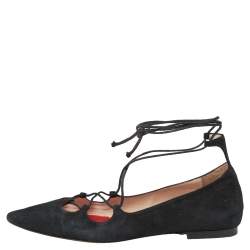 Pre Owned CH Carolina Herrera Black Suede Lace Up Ballet Flats Size 37