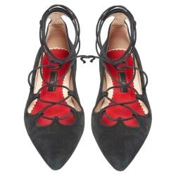 Pre Owned CH Carolina Herrera Black Suede Lace Up Ballet Flats Size 37