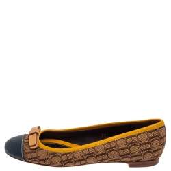 Carolina Herrera Beige/Yellow Monogram Canvas And Leather Cap Toe Bow Ballet Flats Size 37