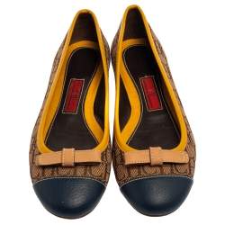 Carolina Herrera Beige/Yellow Monogram Canvas And Leather Cap Toe Bow Ballet Flats Size 37