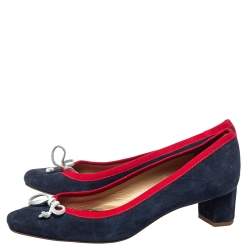 Pre Owned Carolina Herrera Blue Suede And Red Trim Ribbon Bow Pumps Size 38