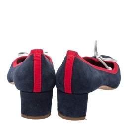 Pre Owned Carolina Herrera Blue Suede And Red Trim Ribbon Bow Pumps Size 38