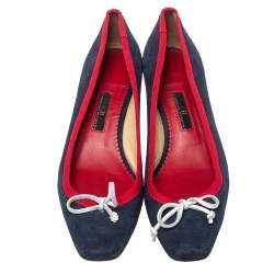 Pre Owned Carolina Herrera Blue Suede And Red Trim Ribbon Bow Pumps Size 38