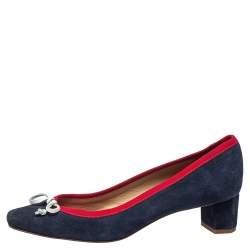 Pre Owned Carolina Herrera Blue Suede And Red Trim Ribbon Bow Pumps Size 38