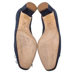 Pre Owned Carolina Herrera Blue Suede And Red Trim Ribbon Bow Pumps Size 38