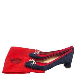Pre Owned Carolina Herrera Blue Suede And Red Trim Ribbon Bow Pumps Size 38