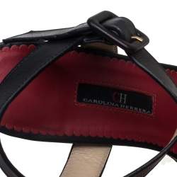 Carolina Herrera Black Leather Initials Cut Out Ankle Strap Sandals Size 38