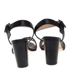 Carolina Herrera Black Leather Initials Cut Out Ankle Strap Sandals Size 38