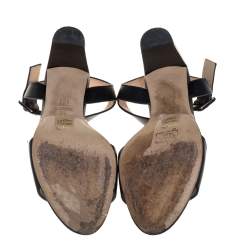 Carolina Herrera Black Leather Initials Cut Out Ankle Strap Sandals Size 38