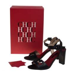 Carolina Herrera Black Leather Initials Cut Out Ankle Strap Sandals Size 38