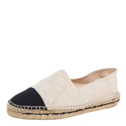 Pre Owned Carolina Herrera Off White/Black Canvas Cap Toe Flat Espadrilles Size 37