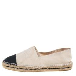 Pre Owned Carolina Herrera Off White/Black Canvas Cap Toe Flat Espadrilles Size 37