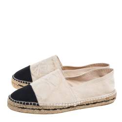 Pre Owned Carolina Herrera Off White/Black Canvas Cap Toe Flat Espadrilles Size 37