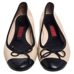 Pre Owned CH Carolina Herrera Beige/Black Leather Bow Flats Size 38