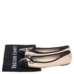 Pre Owned CH Carolina Herrera Beige/Black Leather Bow Flats Size 38