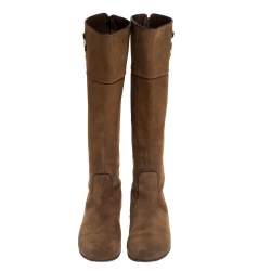 Pre Owned Carolina Herrera Brown Suede And Leather Knee Length Boots Size 39