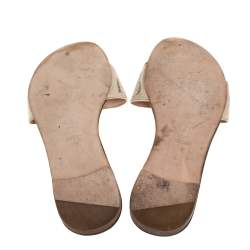 Carolina Herrera White/Brown CH Logo Coated Canvas Bow Detail Flat Slides Size 39