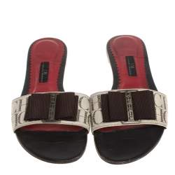 Carolina Herrera White/Brown CH Logo Coated Canvas Bow Detail Flat Slides Size 39