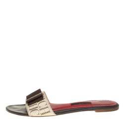 Carolina Herrera White/Brown CH Logo Coated Canvas Bow Detail Flat Slides Size 39