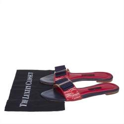 Pre Owned Carolina Herrera Blue/Red Leather Bow Flat Slides Size 39