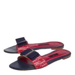 Pre Owned Carolina Herrera Blue/Red Leather Bow Flat Slides Size 39