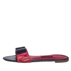 Pre Owned Carolina Herrera Blue/Red Leather Bow Flat Slides Size 39