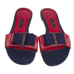 Pre Owned Carolina Herrera Blue/Red Leather Bow Flat Slides Size 39