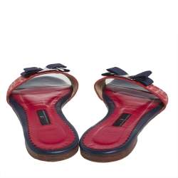 Pre Owned Carolina Herrera Blue/Red Leather Bow Flat Slides Size 39