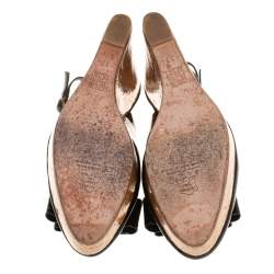 Pre Owned Carolina Herrera Black Patent Leather Cork Wedge Platform Slingback Sandals Size 37 