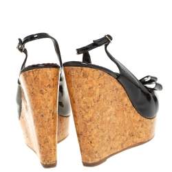 Pre Owned Carolina Herrera Black Patent Leather Cork Wedge Platform Slingback Sandals Size 37 
