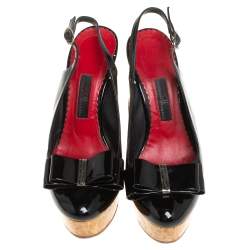 Pre Owned Carolina Herrera Black Patent Leather Cork Wedge Platform Slingback Sandals Size 37 