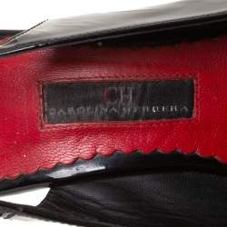 Pre Owned Carolina Herrera Black Patent Leather Cork Wedge Platform Slingback Sandals Size 37 