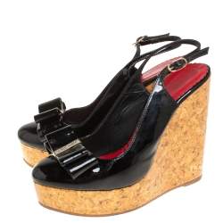 Pre Owned Carolina Herrera Black Patent Leather Cork Wedge Platform Slingback Sandals Size 37 