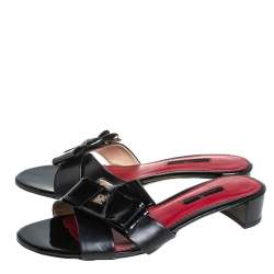 Pre Owned Carolina Herrera Black Leather and Patent Leather Bow Slide Sandals Size 37