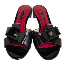 Pre Owned Carolina Herrera Black Leather and Patent Leather Bow Slide Sandals Size 37