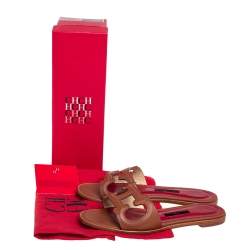 Carolina Herrera Brown Leather CH Insignia Cutout Slide Sandals Size 38