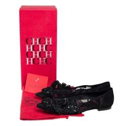 Pre Owned Carolina Herrera Black Lace And Suede Embellished Ballet Flats Size 38
