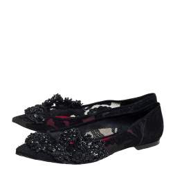 Pre Owned Carolina Herrera Black Lace And Suede Embellished Ballet Flats Size 38