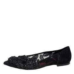 Pre Owned Carolina Herrera Black Lace And Suede Embellished Ballet Flats Size 38