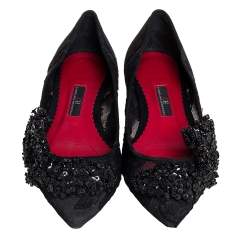 Pre Owned Carolina Herrera Black Lace And Suede Embellished Ballet Flats Size 38