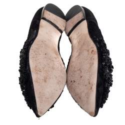 Pre Owned Carolina Herrera Black Lace And Suede Embellished Ballet Flats Size 38