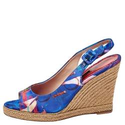 Carolina Herrera Blue Printed Satin Espadrille Wedge Sandals Size 37