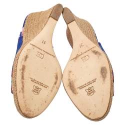 Carolina Herrera Blue Printed Satin Espadrille Wedge Sandals Size 37