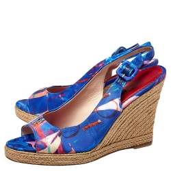 Carolina Herrera Blue Printed Satin Espadrille Wedge Sandals Size 37