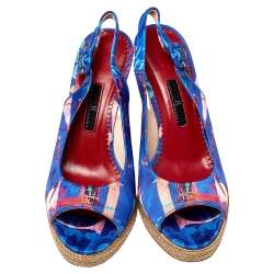 Carolina Herrera Blue Printed Satin Espadrille Wedge Sandals Size 37