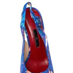 Carolina Herrera Blue Printed Satin Espadrille Wedge Sandals Size 37