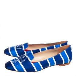 Pre Owned Carolina Herrera Blue/White Stripe Fabric Smoking Slippers Size 40